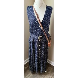 Vintage 80s Navy Blue Floral Sleeveless Cottagecore Midi Dress Ruffle 1X 16 EST
